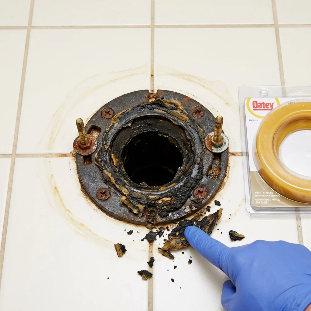 Failed wax ring showing water seepage at the base of a toilet in a Dundee, OR home