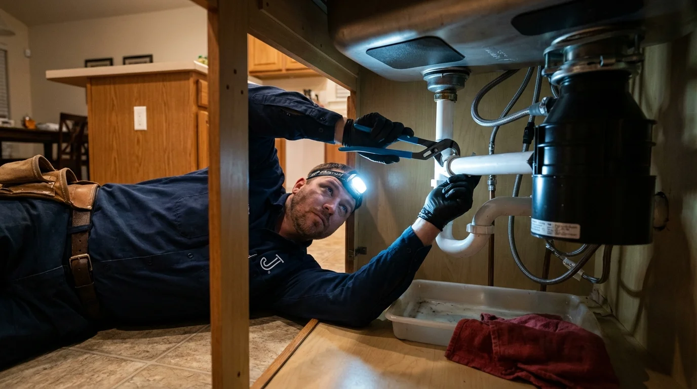 P-trap and supply line connections under a kitchen sink showing a common leak point in Dundee, OR
